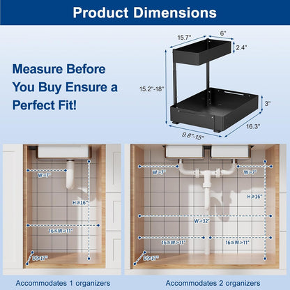 Insputer Upgrade Expandable Under Sink Organizer, 2 Tier Metal Under Cabinet Storage with 3 Slide Rails, Height Adjustable, Thickened Pull Out Drawer Shelf for Bathroom, Kitchen, Laundry, Pantry