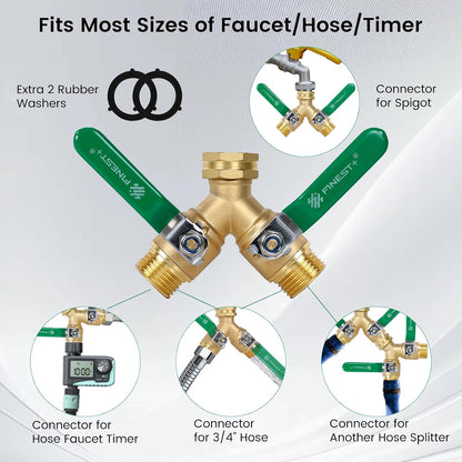 FINEST+ Garden Hose Splitter 2 Way, Heavy Duty Brass Y Valve Garden Hose Splitter With Stainless Steel Long Handle, Full Flow Hose Splitter Connector, Y Valve 3/4 Inch GHT Thread