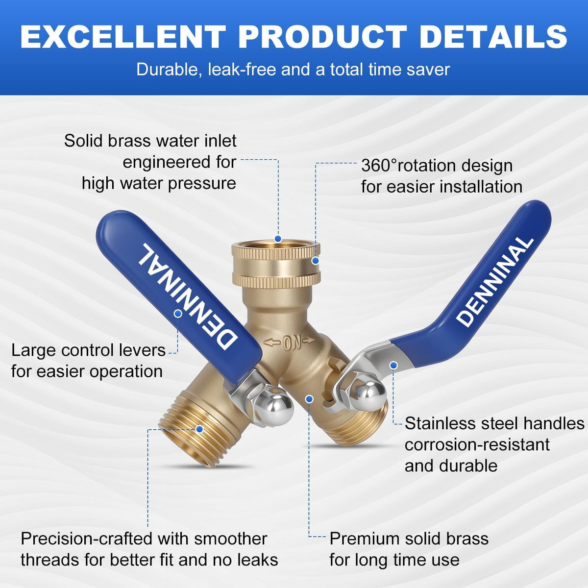 Brass Garden Hose Splitter 2 Way Heavy Duty, Safe Water Hose Splitter with 304 Stainless Steel Long Handle, Outdoor Full Flow Hose Bib Splitter Connector, Y Valve 3/4 Inch GHT Thread