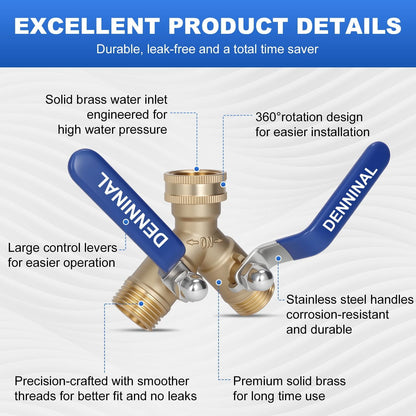 Brass Garden Hose Splitter 2 Way Heavy Duty, Safe Water Hose Splitter with 304 Stainless Steel Long Handle, Outdoor Full Flow Hose Bib Splitter Connector, Y Valve 3/4 Inch GHT Thread