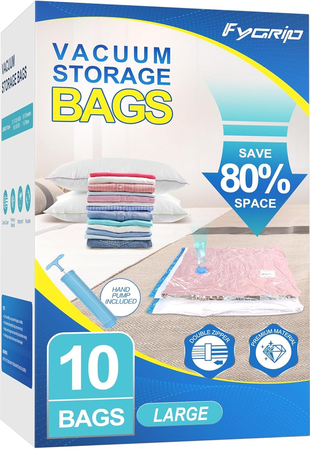 Fygrip Vacuum Storage Bags with Hand Pump, Plastic Packaging Bags, 80% Space Saver Vacuum Seal Bags for Clothing, Travel Lugggage, Blankets, Comforters, 10 Jumbo