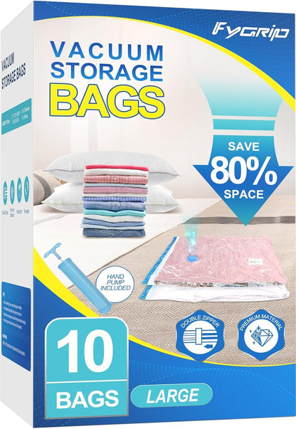 Fygrip Vacuum Storage Bags with Hand Pump, Plastic Packaging Bags, 80% Space Saver Vacuum Seal Bags for Clothing, Travel Lugggage, Blankets, Comforters, 10 Jumbo