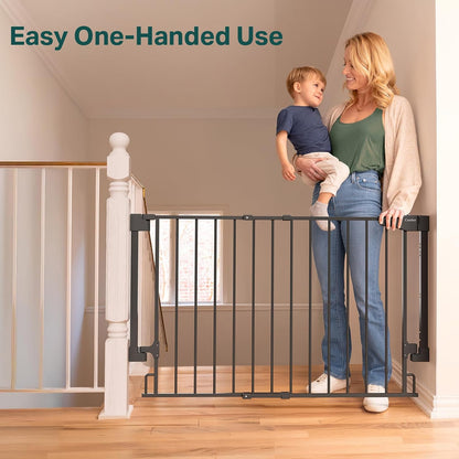 Cumbor 29.2–43" Baby Gate for Stairs, Hardware Mounted (Drill Required), Expandable No Bottom Bar Dog Gate, Auto Close Extra Wide Walk Thru, Pet & Toddler Proof Gate, Top & Bottom of Stairways (White)