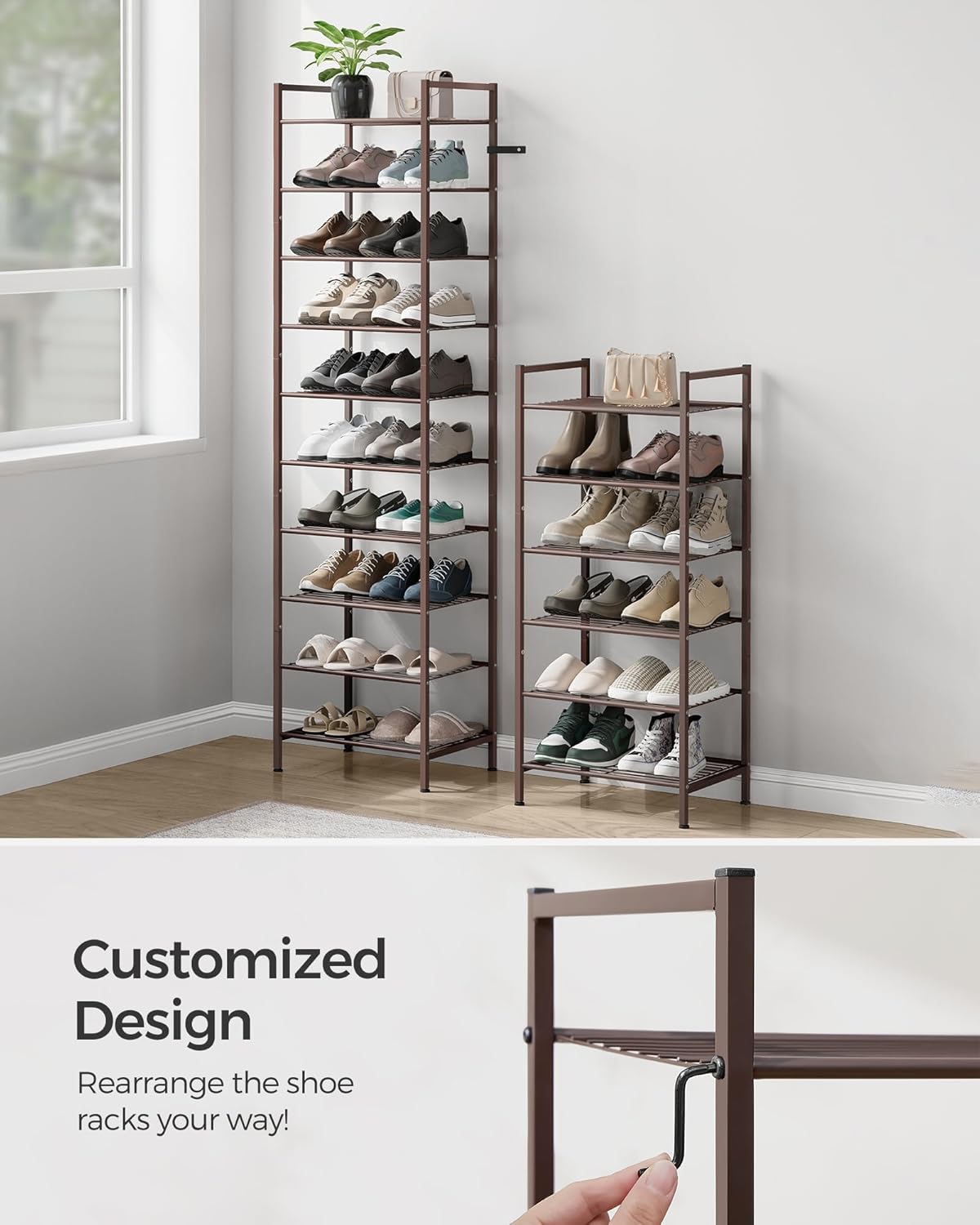 SONGMICS Metal Shoe Rack, Free Standing Shoe Organizer for Entryway Closet Garage Small Spaces, Heavy-Duty Slim Steel Storage Shelf, 8-Tier, Fits 16-24 Pairs, Bronze ULMR028A01