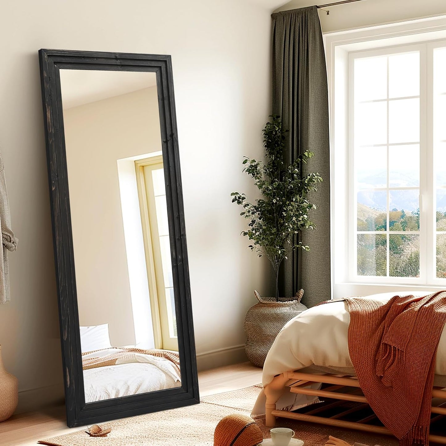 Full Length Mirror 65"x22" with Stand Solid Wood Frame Floor Large Mirror for Living Room, Bedroom Hanging Standing or Leaning Wall-Mounted, New Black