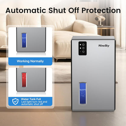NineSky Dehumidifiers for Home, 1000 Sq.Ft Dehumidifier with 95oz Water Tank, Quiet Dehumidifier for Basement Bathroom Bedroom with 7-Color Ambient Light & Auto Shut Off, Sliver