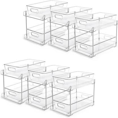 Vtopmart 2 Tier Bathroom Storage Organizer, 2 Pack Clear Under Sink Organizers Vanity Counter Container, Cabinet Drawers Bins, Pull-Out Organization with Track for Pantry, Kitchen