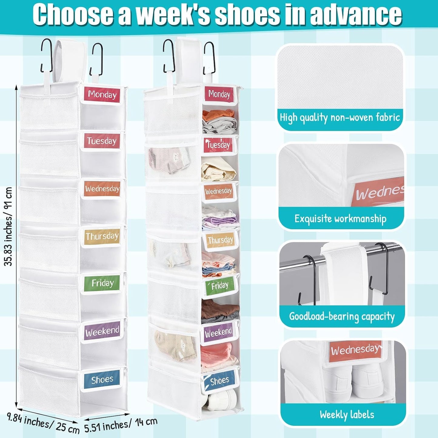 2 Pack 7 Shelf Weekly Clothes Organizer Hanging Closet for Kids with Side Pockets Weekday Shoes Rack Weekly Clothes Organizers Monday Through Weekend Foldable Storage Shelves(Black)