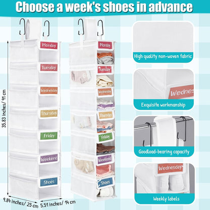 2 Pack 7 Shelf Weekly Clothes Organizer Hanging Closet for Kids with Side Pockets Weekday Shoes Rack Weekly Clothes Organizers Monday Through Weekend Foldable Storage Shelves(Black)