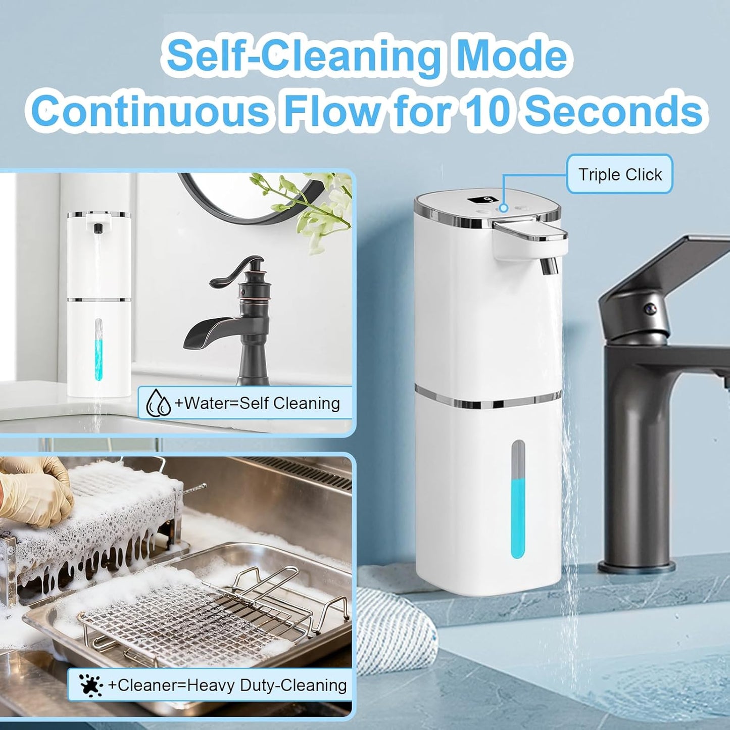 OHIFAST Automatic Foaming Soap Dispenser Touchless, USB Rechargeable Smart Hand Soap Dispenser, 9-Level Adjustable, Physical Button Operation, 13.5oz/400mL Wall Mounted for Bathroom Kitchen Dish Soap