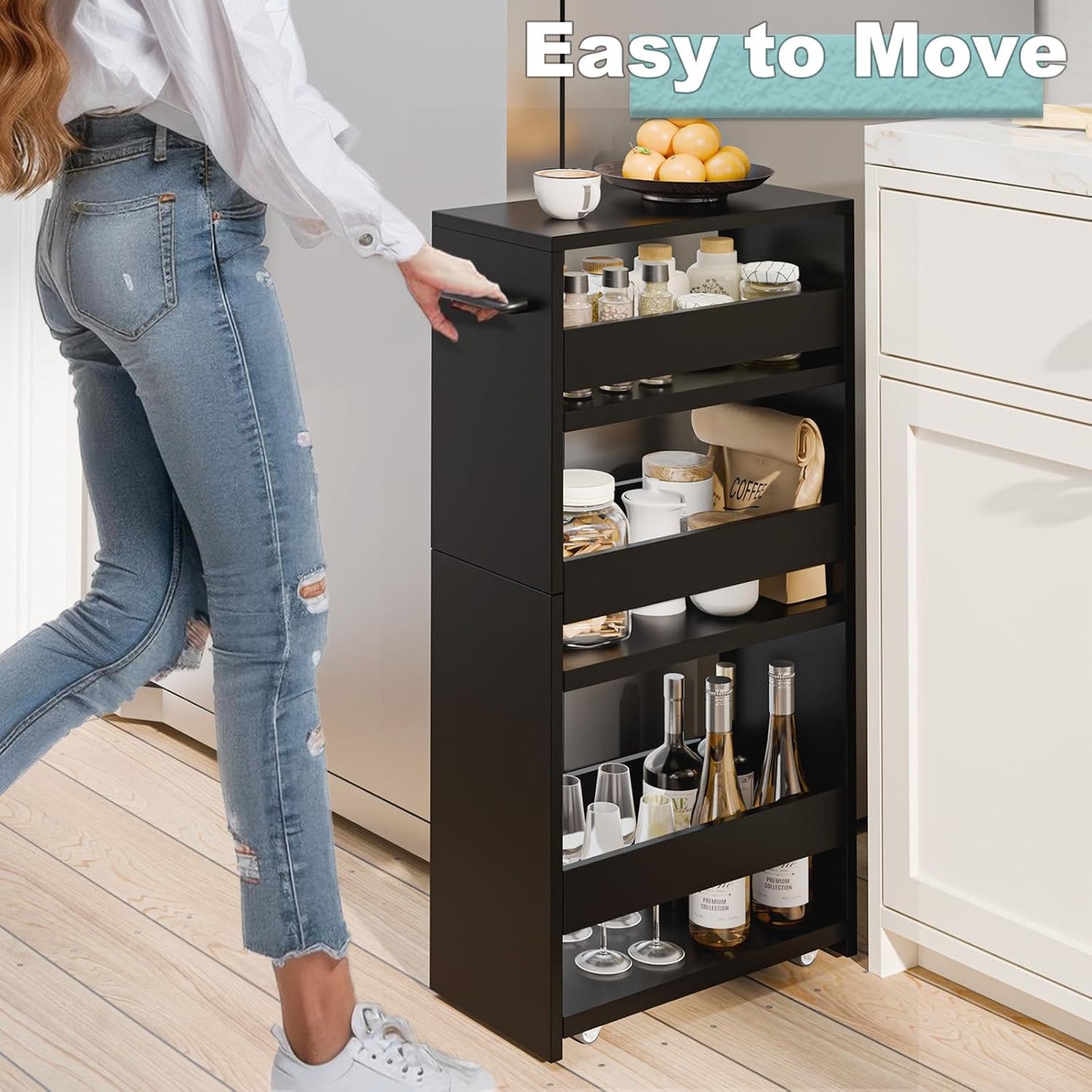 MARTY Slim Rolling Storage Cart 4-Tier Kitchen Cart with Wheels, Laundry Room Storage with Handle Slide Out Utility Cart Shelving Unit Organizer Trolley for Narrow Places Bathroom Small Corner, Black