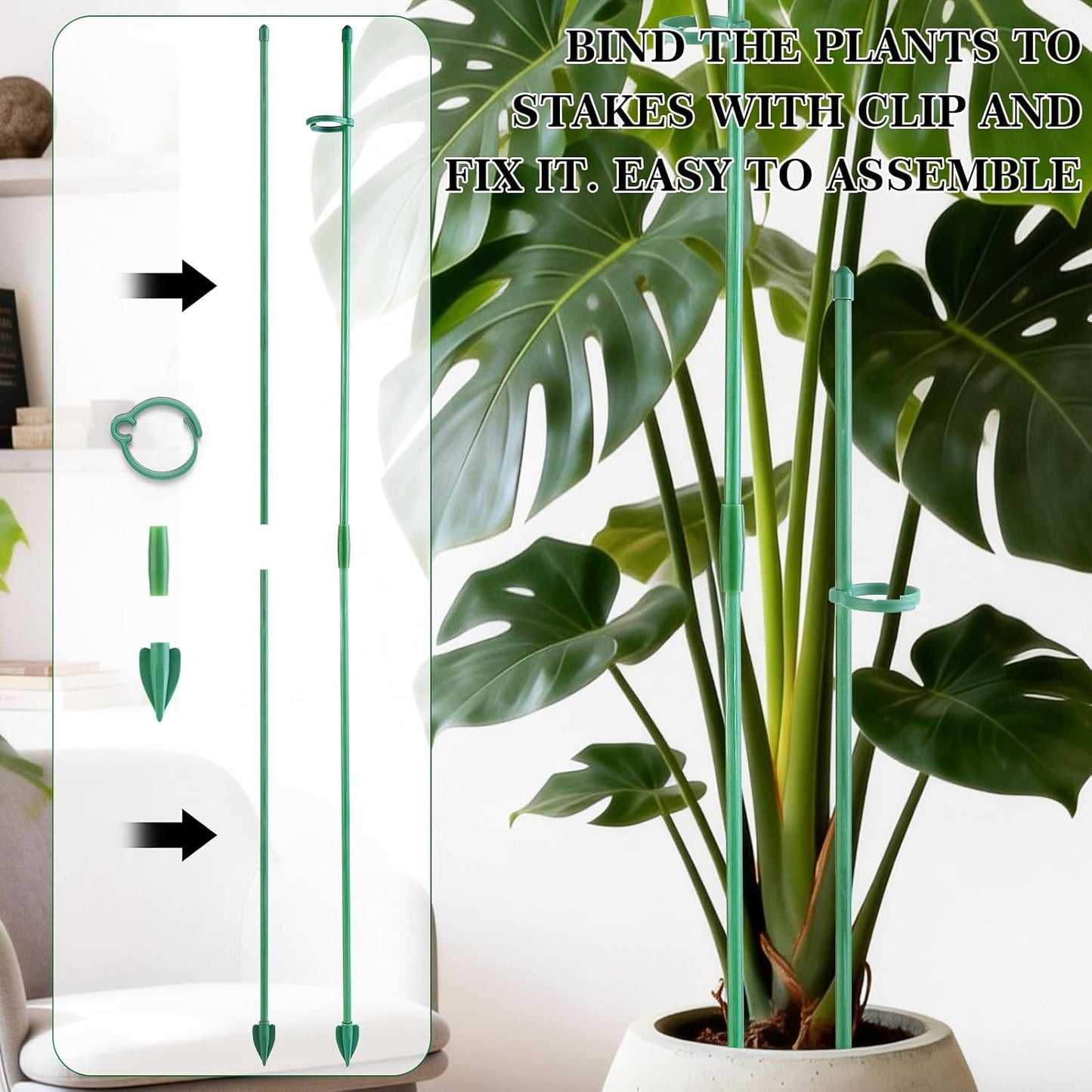 15" Plant Stackes for Indoor Plants, Adjustable Plant Support Stakes with Clips, Plant Sticks Support Tall for Indoor Orchid Monstera Tomato Potted Plants, Great Garden Stakes- 16pcs