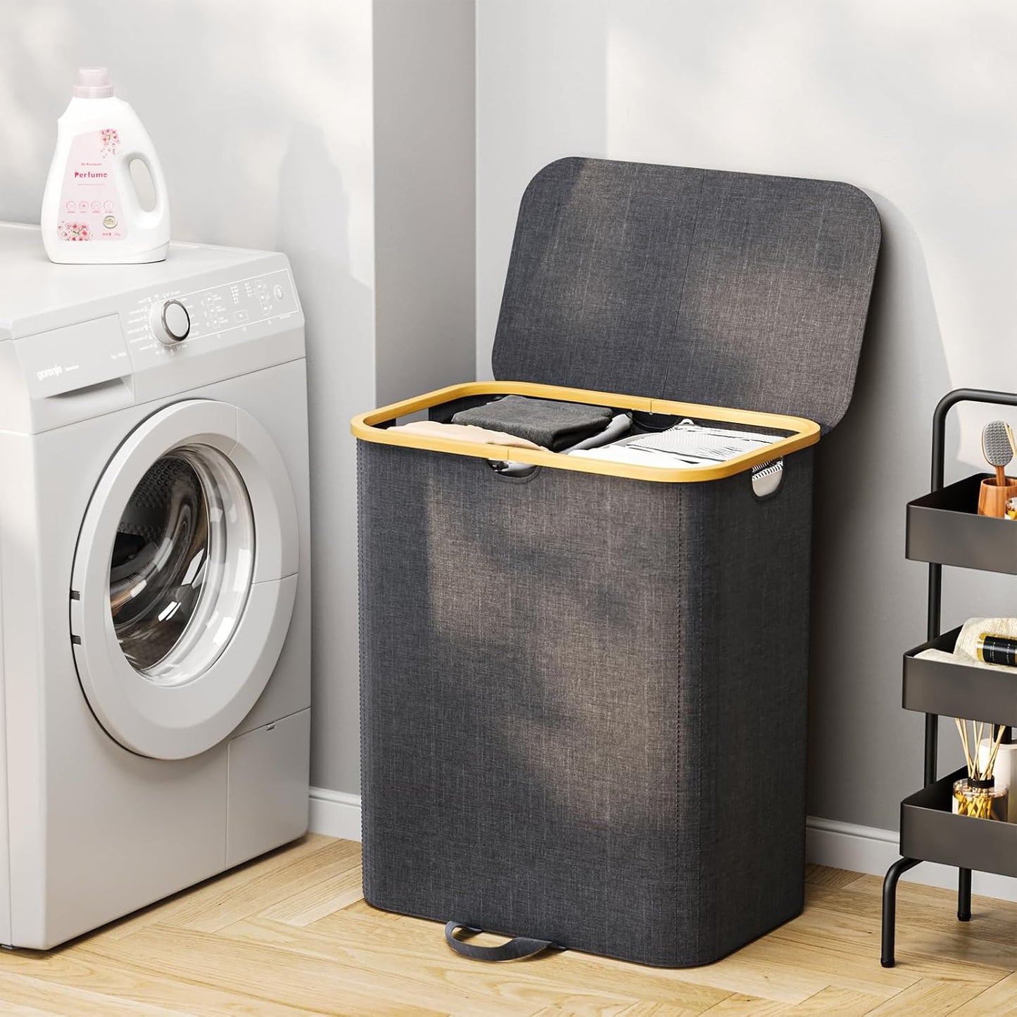 XLHOMO Double Laundry Hamper with Lid and Removable Bags, 150L Large Collapsible 2 Dividers Dirty Clothes Basket with Handles, Beige Double Laundry Basket Organizer for Bedroom,Laundry Room,College