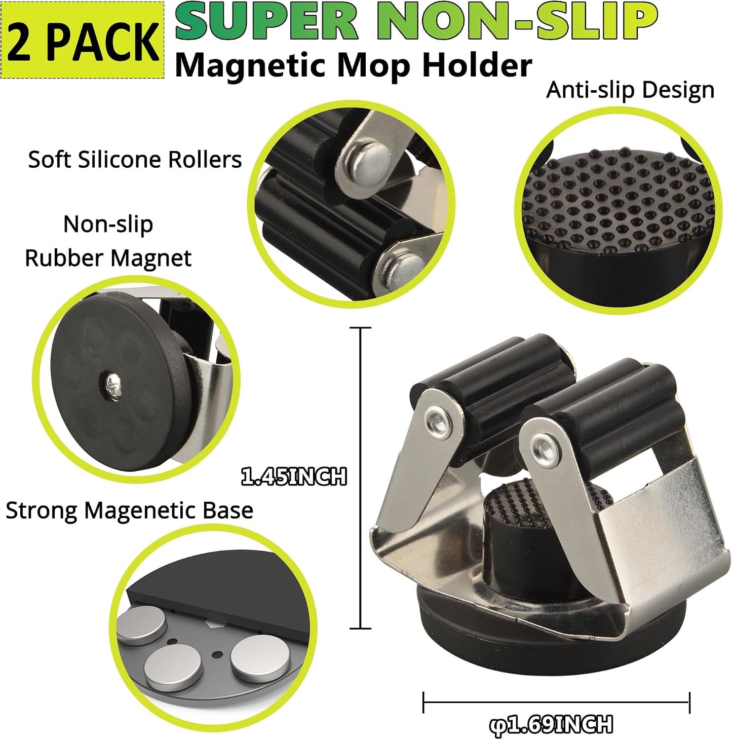ULIBERMAGNET Magnetic Mop Broom Holder,Heavy Duty Movable Magnetic Broom Holder Rack,Anti-slip Wall Mounted Utility Storage Mop Shovel Hanger for Garage, Kitchen, Laundry, Garden(3 Racks / 4 Hooks)