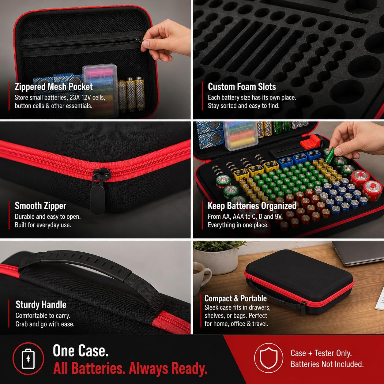 ALKOO 136+ Battery Organizer Storage Case with BT-168 Tester | AA AAA C D 9V & Button Cells Batteries Holder Box, Foam Protection, Home / Garage / Drawer Organization, Case Only, Red