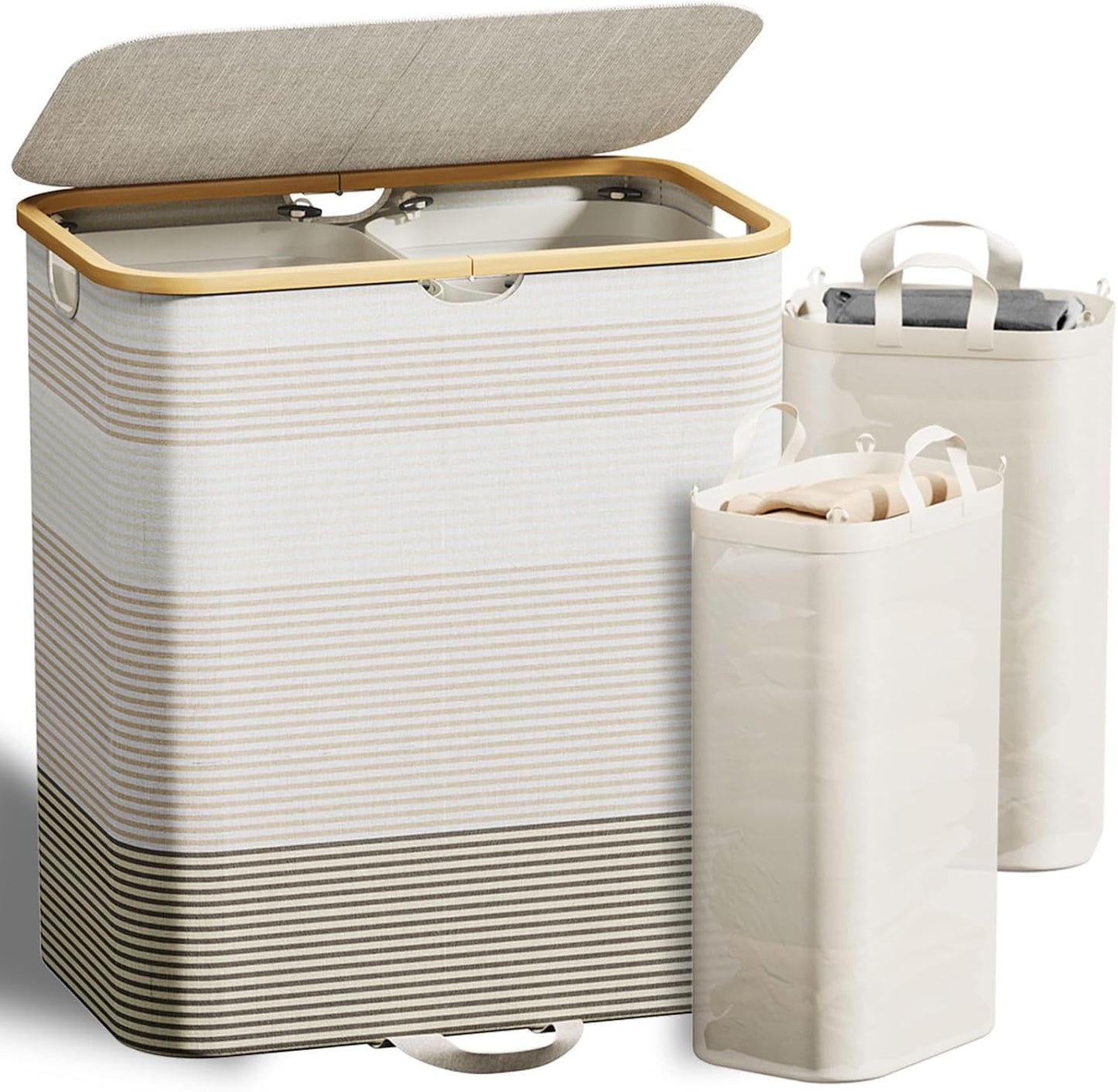 XLHOMO Double Laundry Hamper with Lid and Removable Bags, 150L Large Collapsible 2 Dividers Dirty Clothes Basket with Handles, Beige Double Laundry Basket Organizer for Bedroom,Laundry Room,College