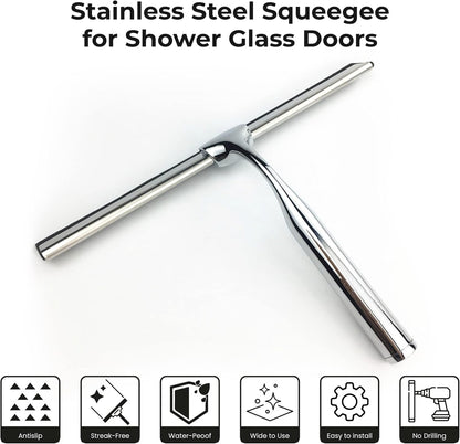 Matte Black Shower Squeegee for Glass Doors with Adhesive Hooks, Squeegee for Shower Glass, Cleaner Tool for Bathroom Household Window Mirror Tile Wall Car, 10 Inch Black