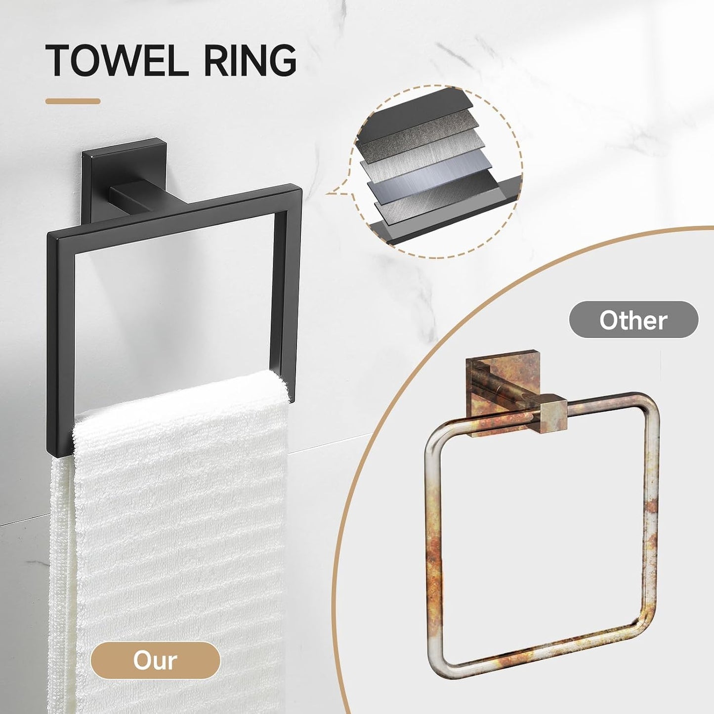 TQKAG Brushed Gold Bathroom Hardware Accessories Set 10 Pieces, 23.6" SUS304 Stainless Steel Towel Bar Set Wall Mounted Includes Single Towel Bar, Towel Ring, Toilet Paper Holder, Double Towel Hooks