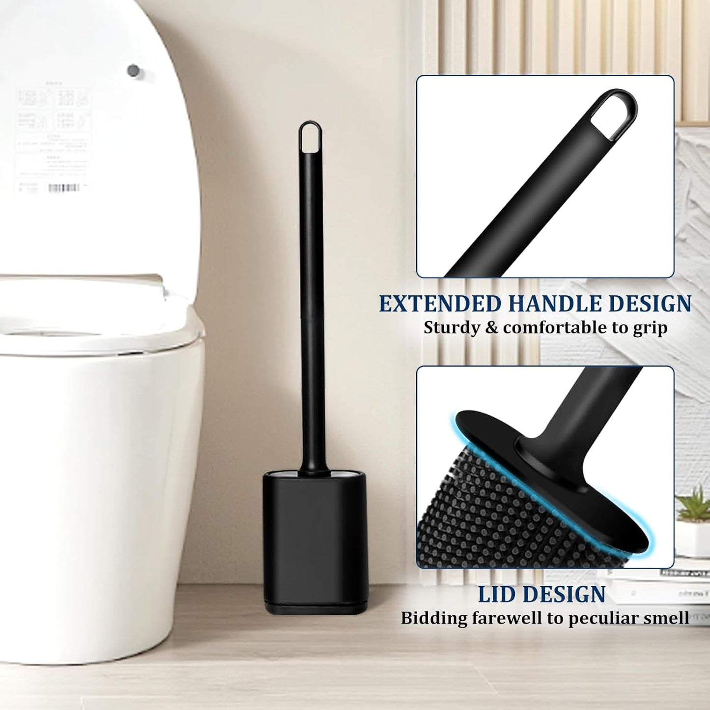 Silicone Toilet Brush and Holder Set, Toilet Brushes with Ventilated Holder, Wall Mounted Toilet Bowl Brush with Long Handle Bendable Brush Head, Black Toilet Brush Cleaner for Bathroom RV
