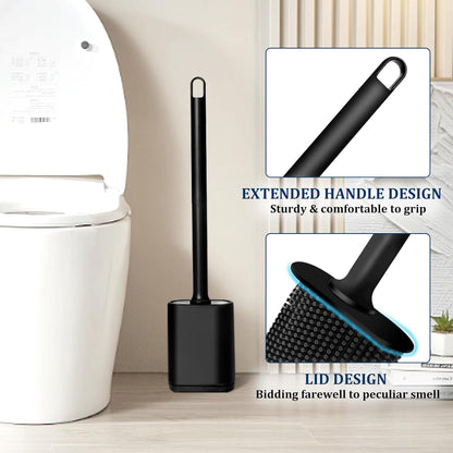 Silicone Toilet Brush and Holder Set, Toilet Brushes with Ventilated Holder, Wall Mounted Toilet Bowl Brush with Long Handle Bendable Brush Head, Black Toilet Brush Cleaner for Bathroom RV