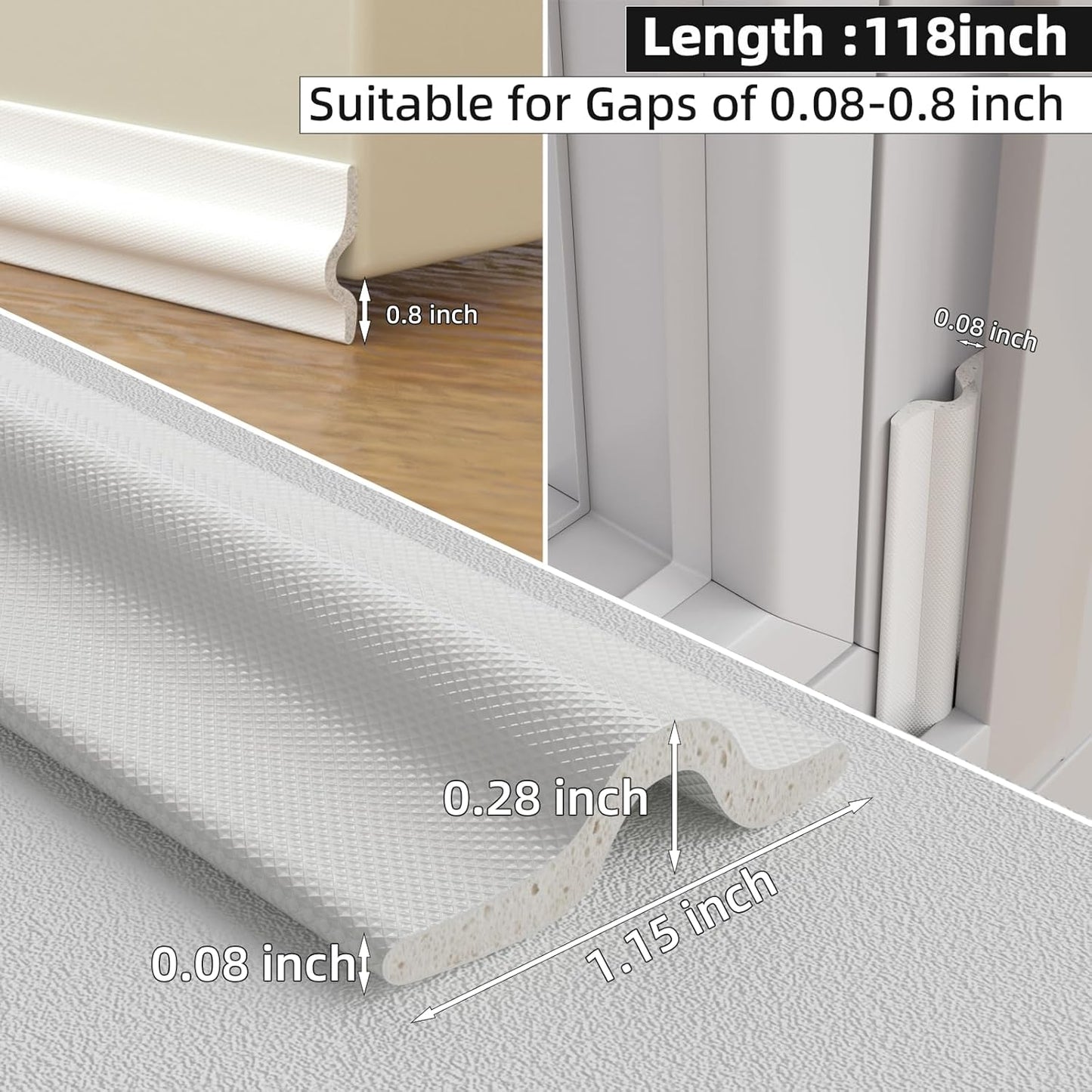 118 inch Weather Stripping Door Seal Strip for Bottom of Door,Self-Adhesive Window Draft Stopper Foam Seal Strip,Soundproof Window Insulation Weather Strip for Winter Gap Blocker(White)