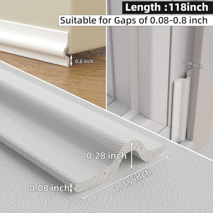 118 inch Weather Stripping Door Seal Strip for Bottom of Door,Self-Adhesive Window Draft Stopper Foam Seal Strip,Soundproof Window Insulation Weather Strip for Winter Gap Blocker(White)