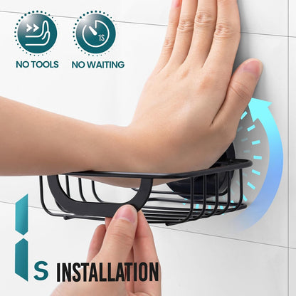 TAILI Soap Holder for Shower – Suction Cup Bar Soap Dish with Hooks, Rustproof Stainless Steel, Self-Draining Sponge Holder with Razor Holder for Bathroom & Kitchen, Black