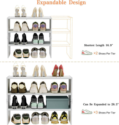 White Shoe Rack Organizer for Closet, 2-Tier Expandable Shoe Shelf, Stackable Iron Wood Combination Small Shoe Racks Shelves for Closets, Entryway,Small Space,Hallway,Bedroom,Bathroom,6-12 Pairs