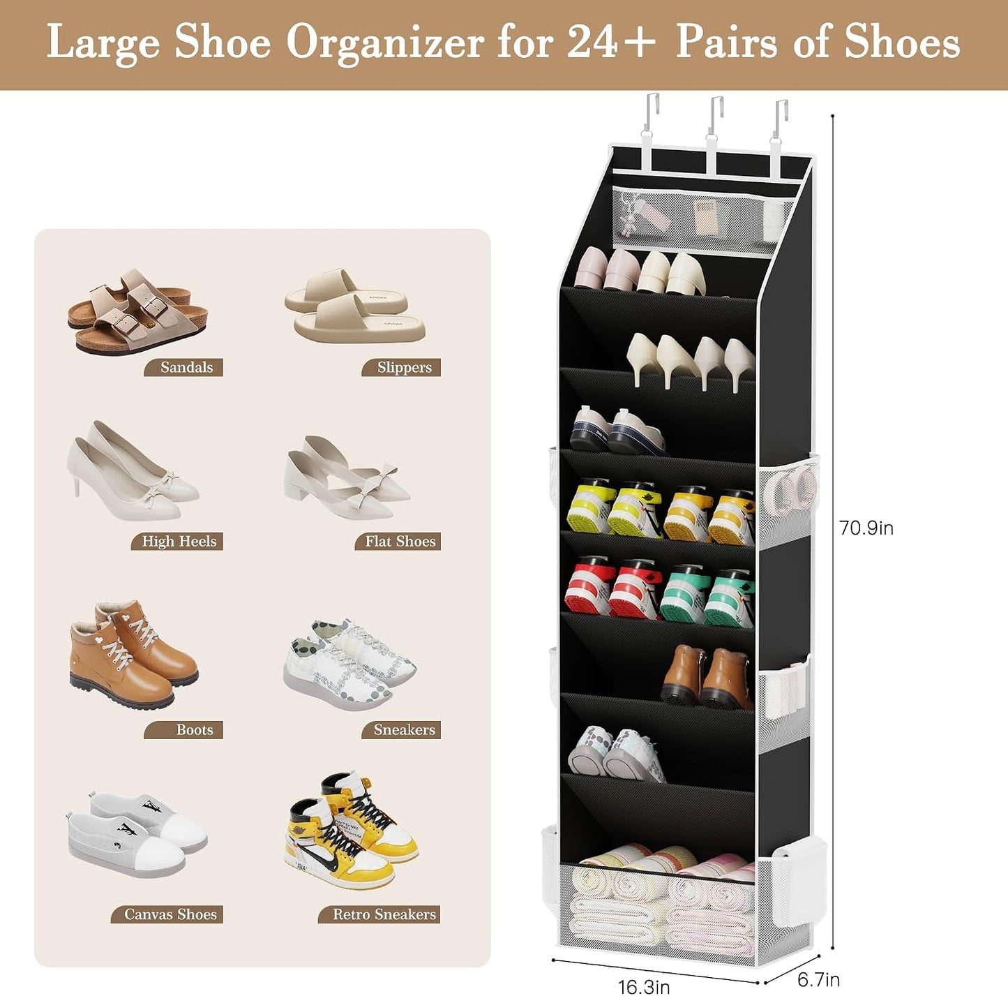 Criusia Shoe Organizer, Over the Door Shoe Organizer, Hanging Closet Shoe Storage with Large Deep Pockets, Fits 16–24 Pairs of Sneakers, Sandals, Boots, Gray