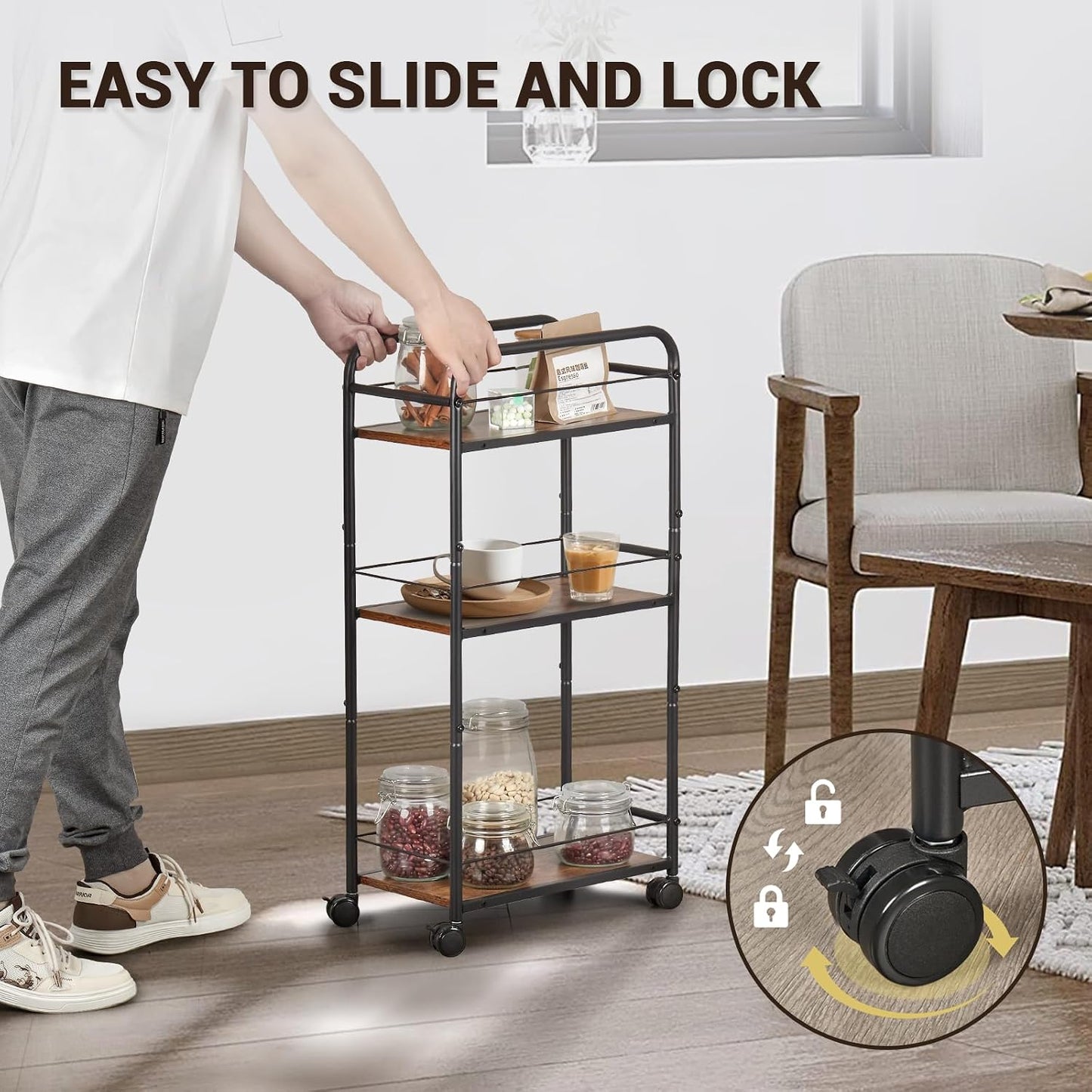 FUSLITE Small Bar Cart for Small Spaces, 3-Tier Slim Rolling Kitchen Cart on Wheels, Narrow Cart with Protective Fence, Industrial Mini Coffee Station for Home,Living Room,Bathroom, Rustic Brown