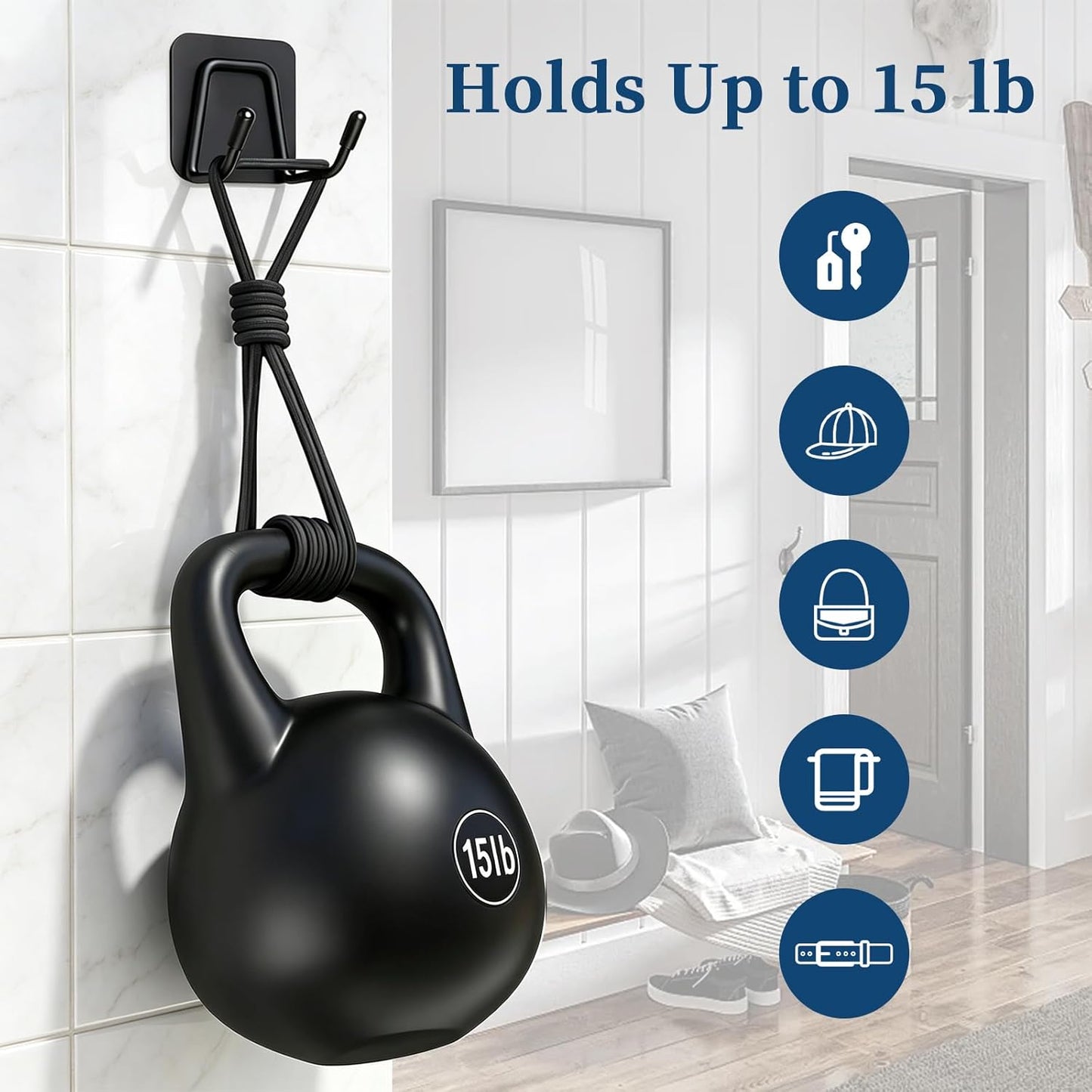Large Self Adhesive Coat Hooks, Heavy Duty Double Wall Hooks for Hanging - 15lb Max, Rustproof Sticky Wall Hangers for Coat, Bedroom, Outdoor, Kitchen, 14-Day Trial, 3 Pack, Black