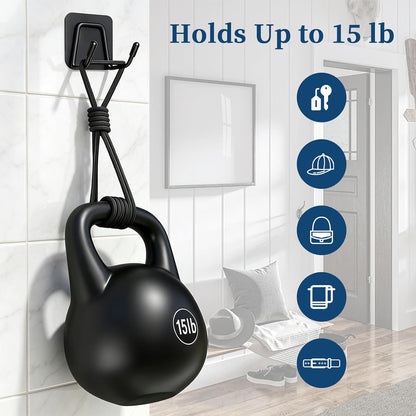 Large Self Adhesive Coat Hooks, Heavy Duty Double Wall Hooks for Hanging - 15lb Max, Rustproof Sticky Wall Hangers for Coat, Bedroom, Outdoor, Kitchen, 14-Day Trial, 3 Pack, Black
