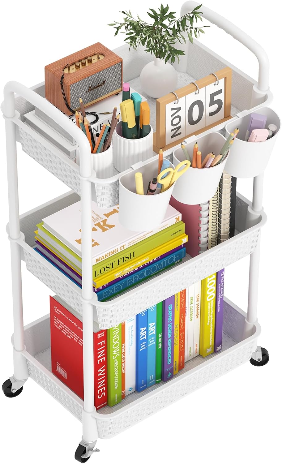 MOYIPIN 3-Tier Plastic Rolling Utility Cart with Handle,Utility Storage Cart for Office, Living Room, Kitchen,Movable Storage Organizer Shelves,White
