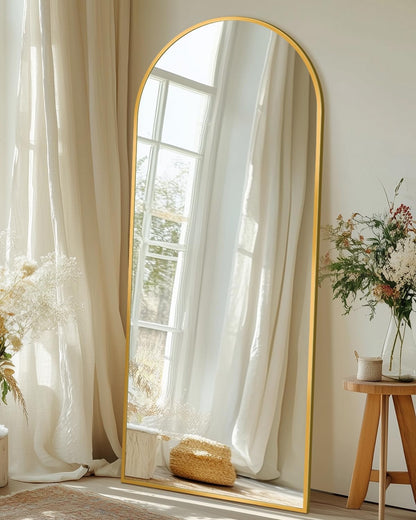 Full Length Mirror with Stand, 71"x28" Arched Full Body Large Stand Up Aluminum Frame Floor Standing Mirror, Freestanding Hanging Leaning Mounted for Bedroom Living Room Entryway Gold