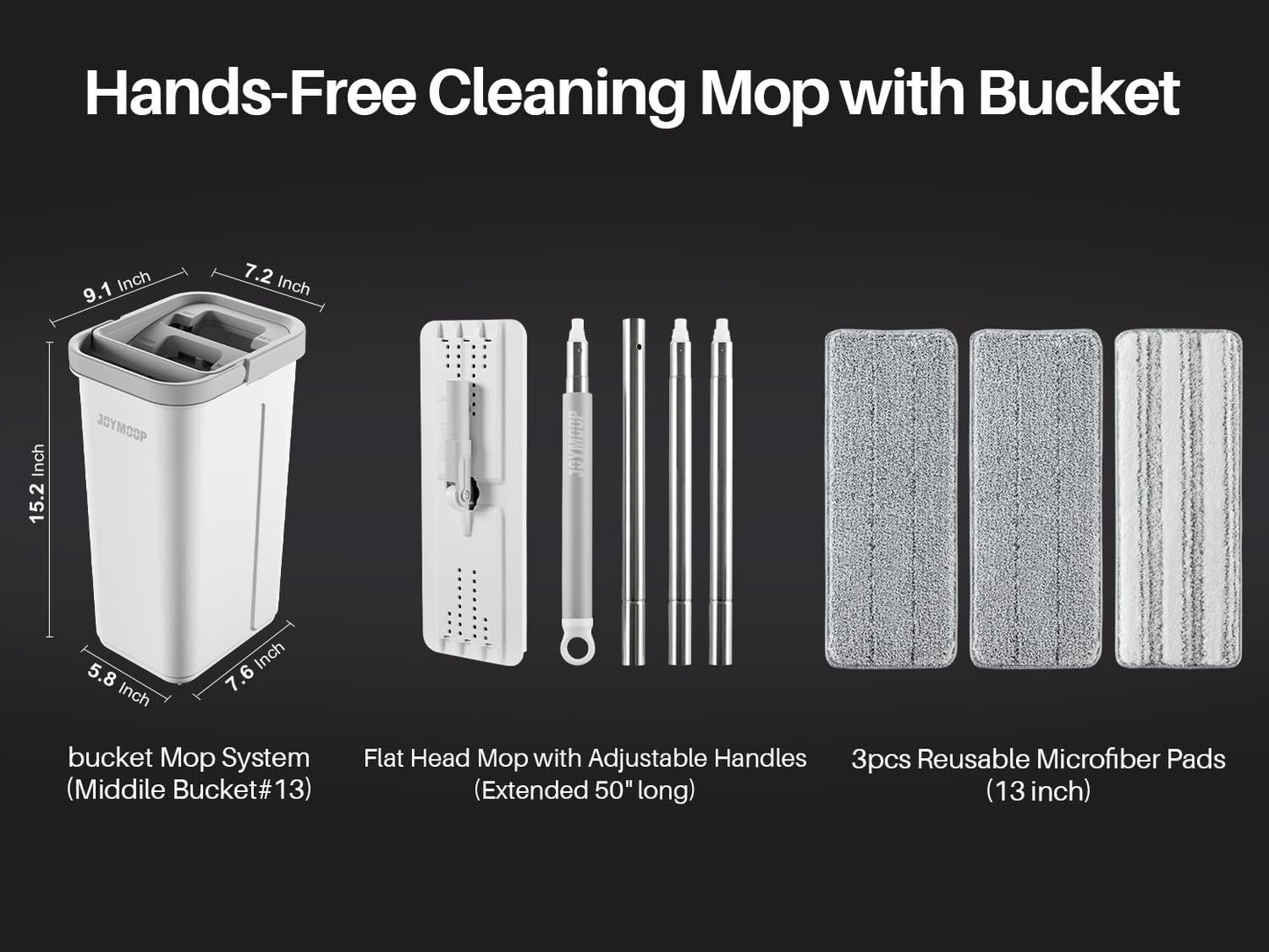 JOYMOOP Mop and Bucket Set, Flat Mops for Floor & Wall Cleaning, Commercial & Household Use, Hardwood Floor Mop with Long Handle & 4 Microfiber Pads