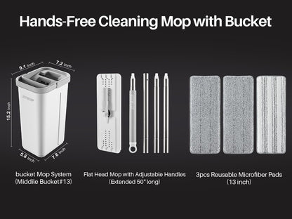 JOYMOOP Mop and Bucket Set, Flat Mops for Floor & Wall Cleaning, Commercial & Household Use, Hardwood Floor Mop with Long Handle & 4 Microfiber Pads