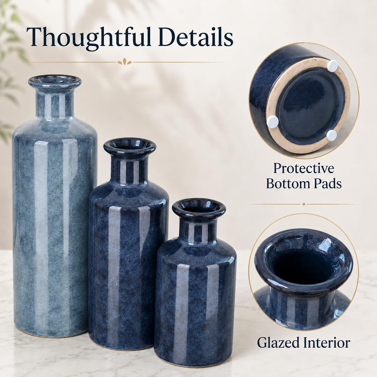 Blue Ceramic Vase Set of 3, Small Vases for Table Decor | Bring farmhouse charm to tables, shelves, mantels, entryways, living rooms, bedrooms and offices.