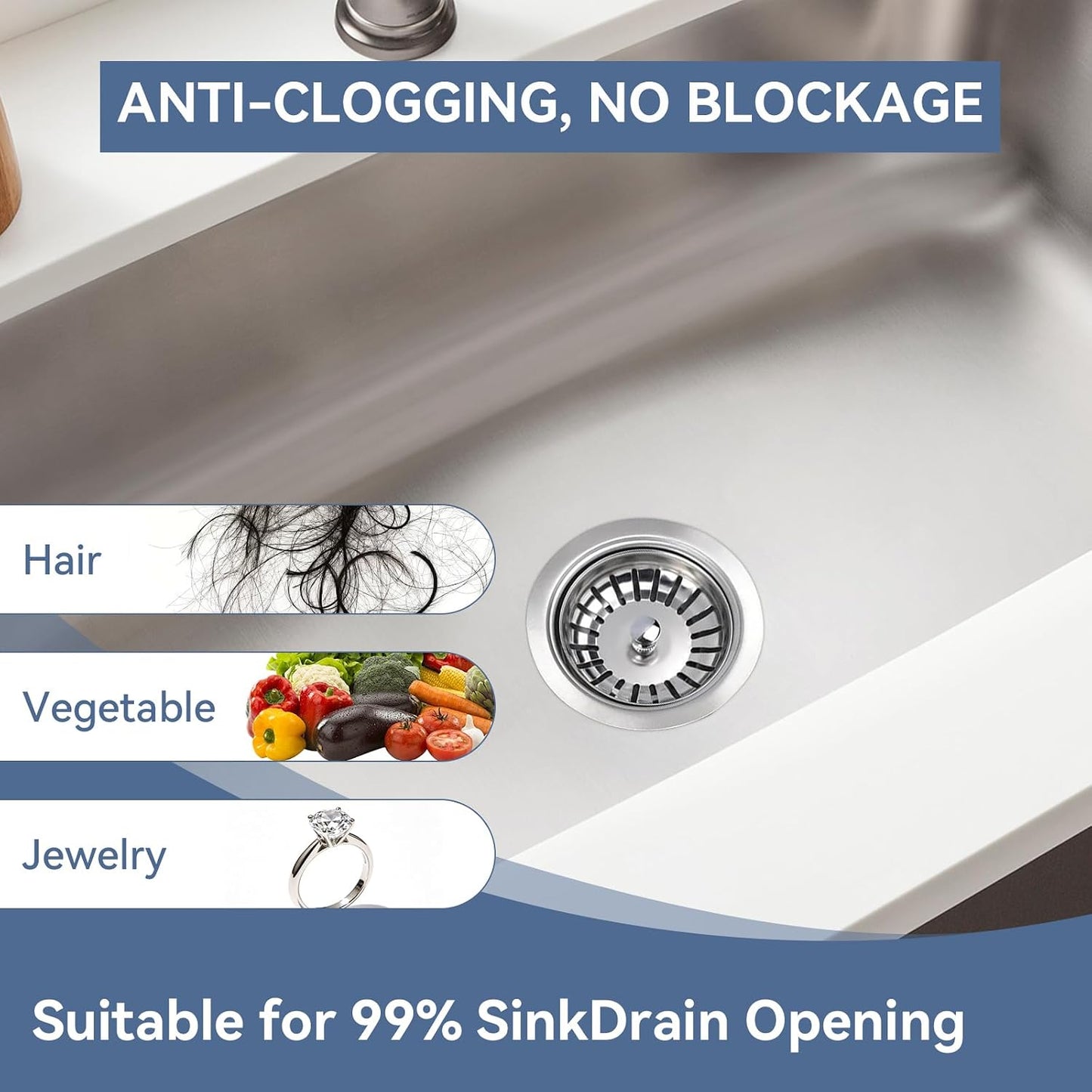 Premium 316 Stainless Steel Kitchen Sink Drain Assembly - 4.5" Strainer & Stopper with Deep Removable Basket, Adjustable Sliding Flange -cUPC Certified
