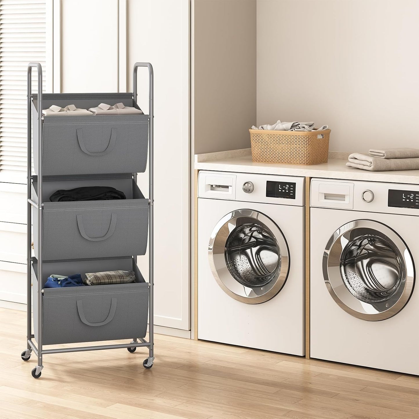ELYKEN 120L Vertical Rolling Laundry Hamper with Removable Bags, 3 Section Laundry Baskets with Wheels, Space-Saving 3 Tier Laundry Sorter for Small Spaces, Dorm, Bedroom, Bathroom, Laundry Room