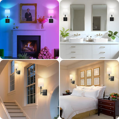 24.8 Inch Black Battery Operated Wall Sconces Set of 2, Rechargeable Wireless Wall Lights with Remote & White Fabric Shade, Indoor Not Hardwired Dimmable Wall Lamps for Bedroom, 2 Bulbs Included