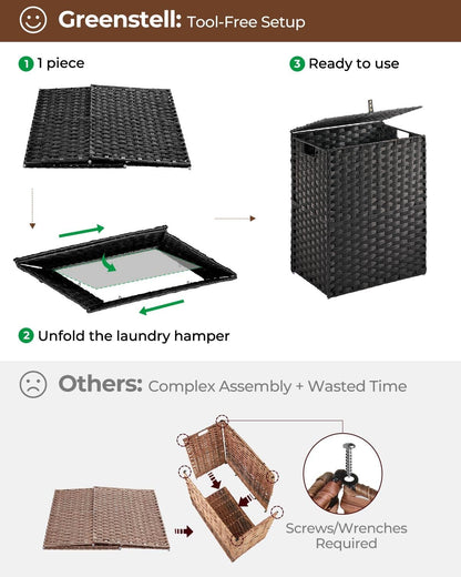 Greenstell Laundry Hamper with 2 Removable Liner Bags, Foldable Divided Clothes Hamper, 90L Handwoven Rattan Laundry Basket with Lid and Handles, No Assembly Needed, 18.3x13.3x24 Inches, Black