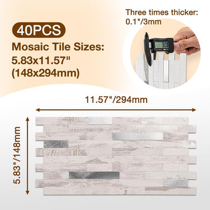 Peel and Stick Backsplash Tile Waterproof Removable PVC Wall Sticker 3D Faux Stone Marble Brick White Accent Panels (White Marble - Metal Silver, 20 Tiles - 9 sq. ft. (0.84 M²))