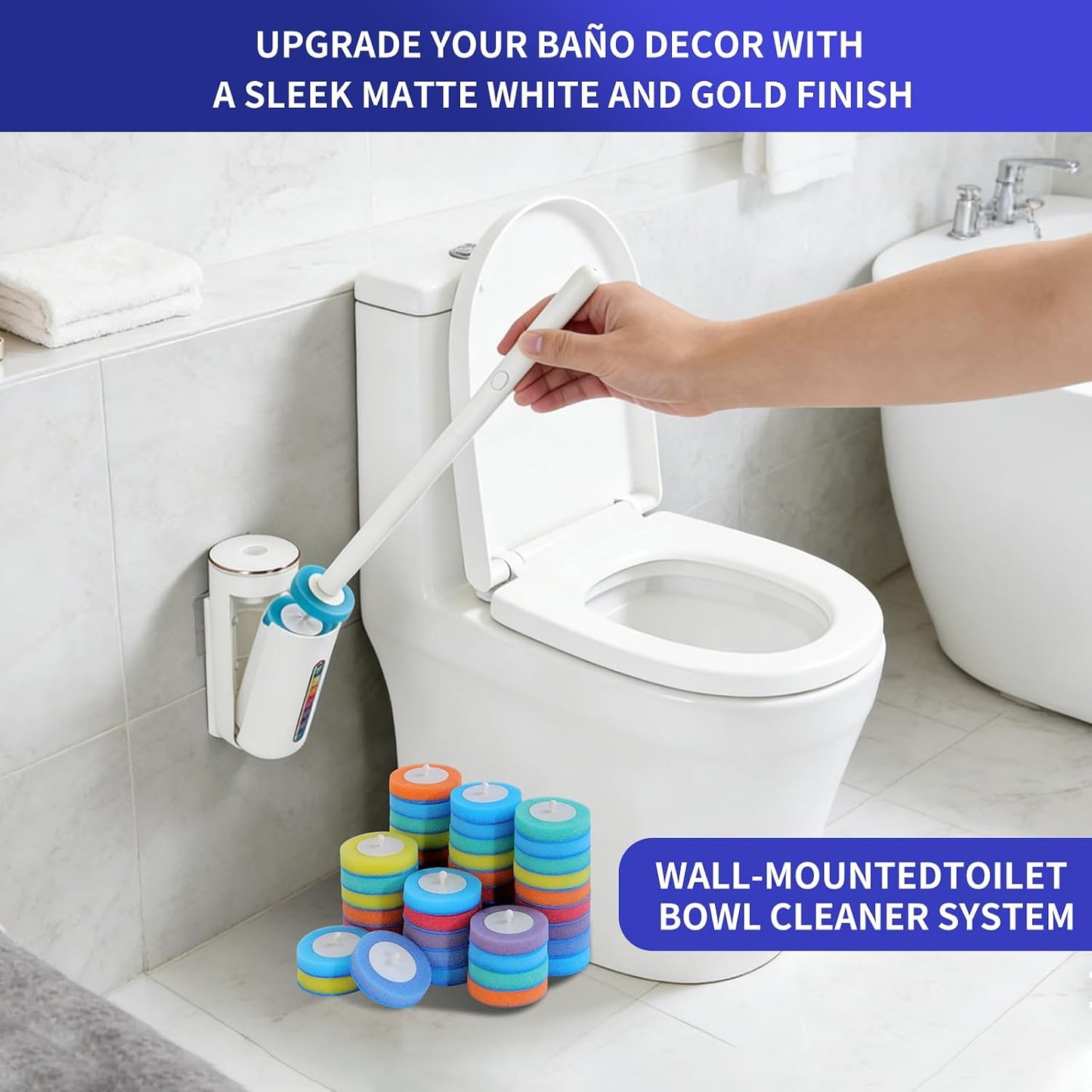 Disposable Toilet Brush, Wall-Mounted Toilet Wand Kit, 24 Refills | Toilet Bowl Cleaner Wand Touch Free, Extended Long Handle, Pre-Soaked Concentrated Cleaner Sponge, Bathroom Cleaning System