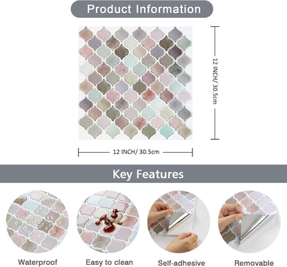 CHIHUT Arabesque Peel and Stick Backsplash 12''x12'' Waterproof Oil Proof Blush Pink Lavender Mottled Marble Self Adhesive Wall Tiles Removable Glossy Stick on Backsplash for Kitchen Bathroom 6 Sheets