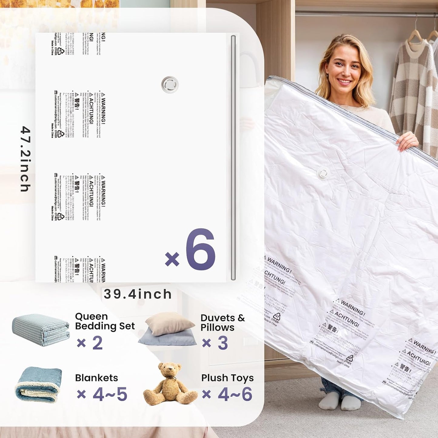 TAILI 8 Pack Jumbo Vacuum Storage Bags, 39x28 inch, LONG SIDE ZIP Vacuum Seal Bags for Clothing, Space Saver for Beddings, Comforters, Blankets, Pillows