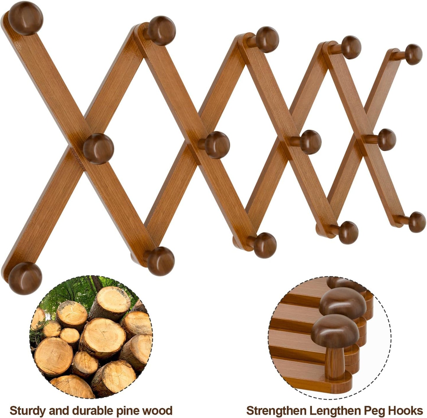 WGFKVAS 2 Pack Accordion Hat Rack for Wall - Expandable Coat Rack & Wall Mounted Hat Holder - Wooden Wall Hanger with 10 Peg Hooks for Coats, Baseball Caps, Keys & Mugs