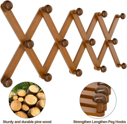 WGFKVAS 2 Pack Accordion Hat Rack for Wall - Expandable Coat Rack & Wall Mounted Hat Holder - Wooden Wall Hanger with 10 Peg Hooks for Coats, Baseball Caps, Keys & Mugs