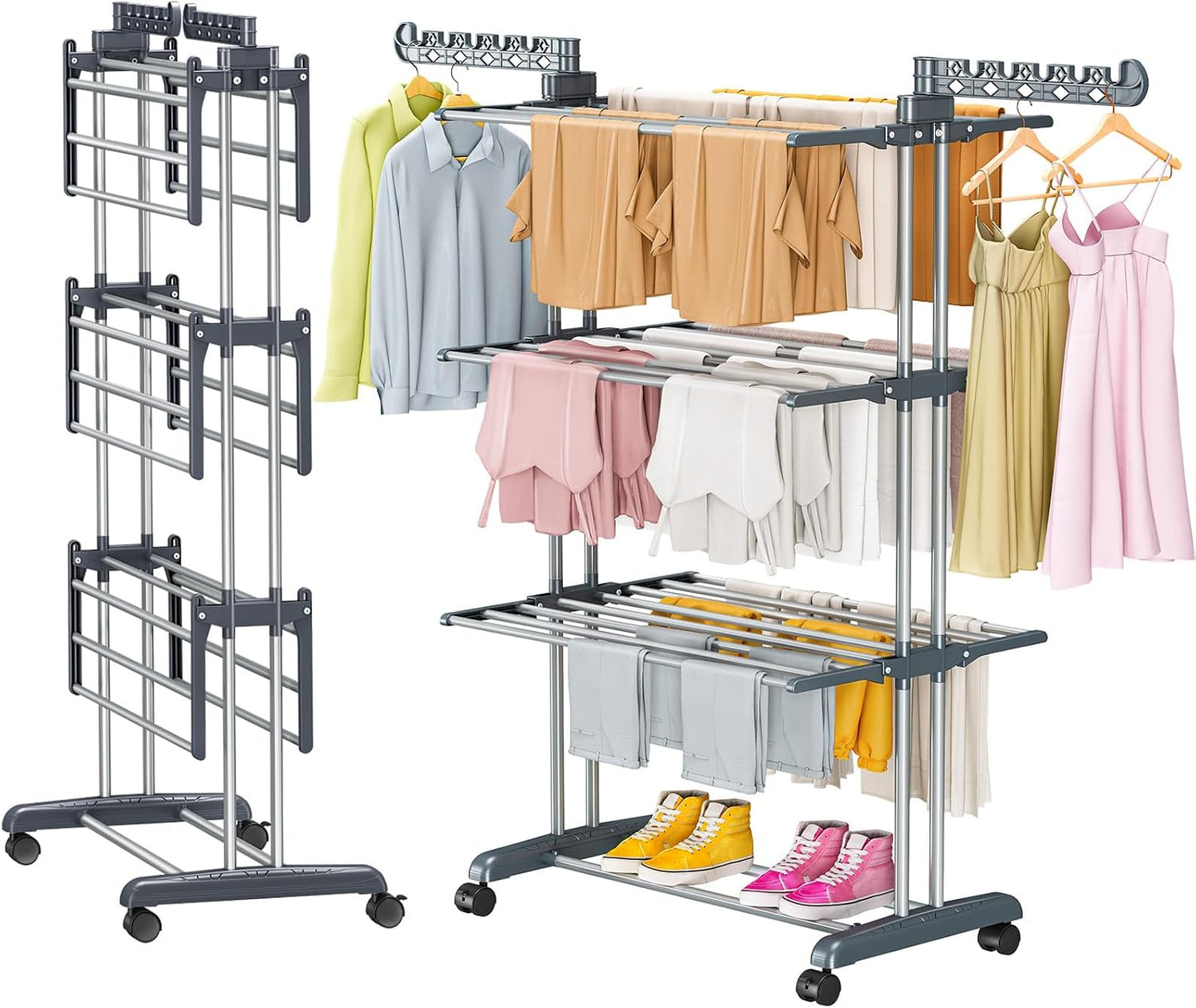 PurKeep 𝐔𝐩𝐠𝐫𝐚𝐝𝐞 Clothes Drying Rack with Wheels, 4 Tier Folding Drying Rack, Heavy Duty Laundry Drying Rack with Expandable Side Wings, Indoor Outdoor Clothes Air Drying Rack for Large Family