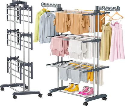 PurKeep 𝐔𝐩𝐠𝐫𝐚𝐝𝐞 Clothes Drying Rack with Wheels, 4 Tier Folding Drying Rack, Heavy Duty Laundry Drying Rack with Expandable Side Wings, Indoor Outdoor Clothes Air Drying Rack for Large Family