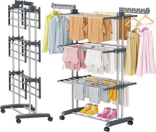 PurKeep 𝐔𝐩𝐠𝐫𝐚𝐝𝐞 Clothes Drying Rack with Wheels, 4 Tier Folding Drying Rack, Heavy Duty Laundry Drying Rack with Expandable Side Wings, Indoor Outdoor Clothes Air Drying Rack for Large Family
